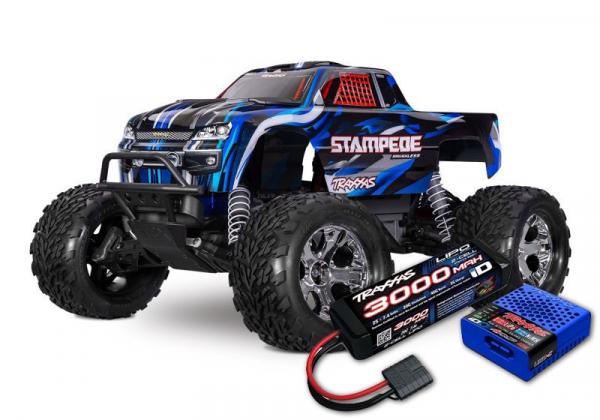 TRAXXAS Stampede 1/10 2WD Monster-Truck blau RTR BL-2S Brushless, HD SET +gratis Lipo-Akku +4AMP USB-Lader